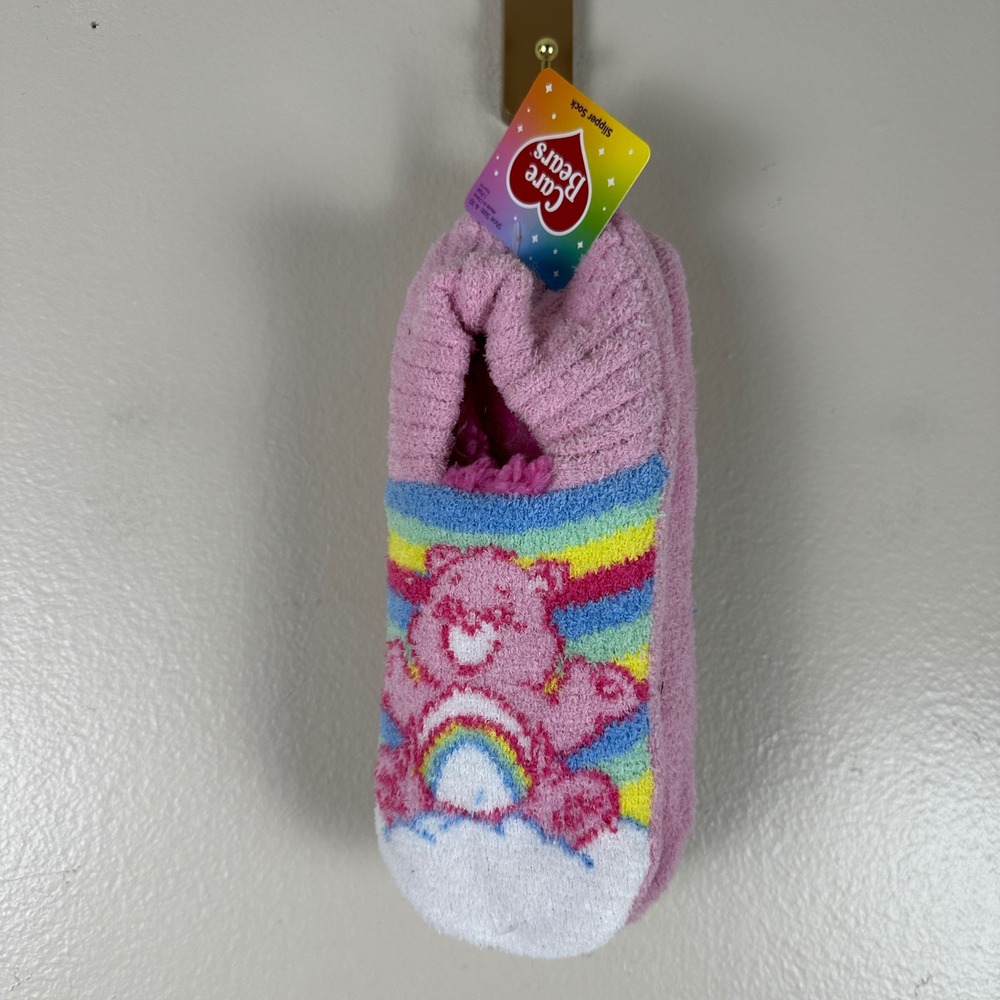Care Bears Women's 4-10 Slipper Socks Pink Cheer Bear Rainbow Fuzzy Sherpa NEW